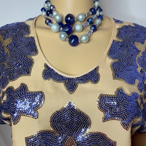 Neiman Marcus Tracy Reese blue silky back w nude front blue sequined front tunic - Picture 2 of 16